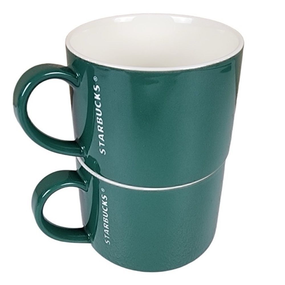Starbucks- 2 Stacking Matching Forest Green Mugs 12oz from 2014 Collection